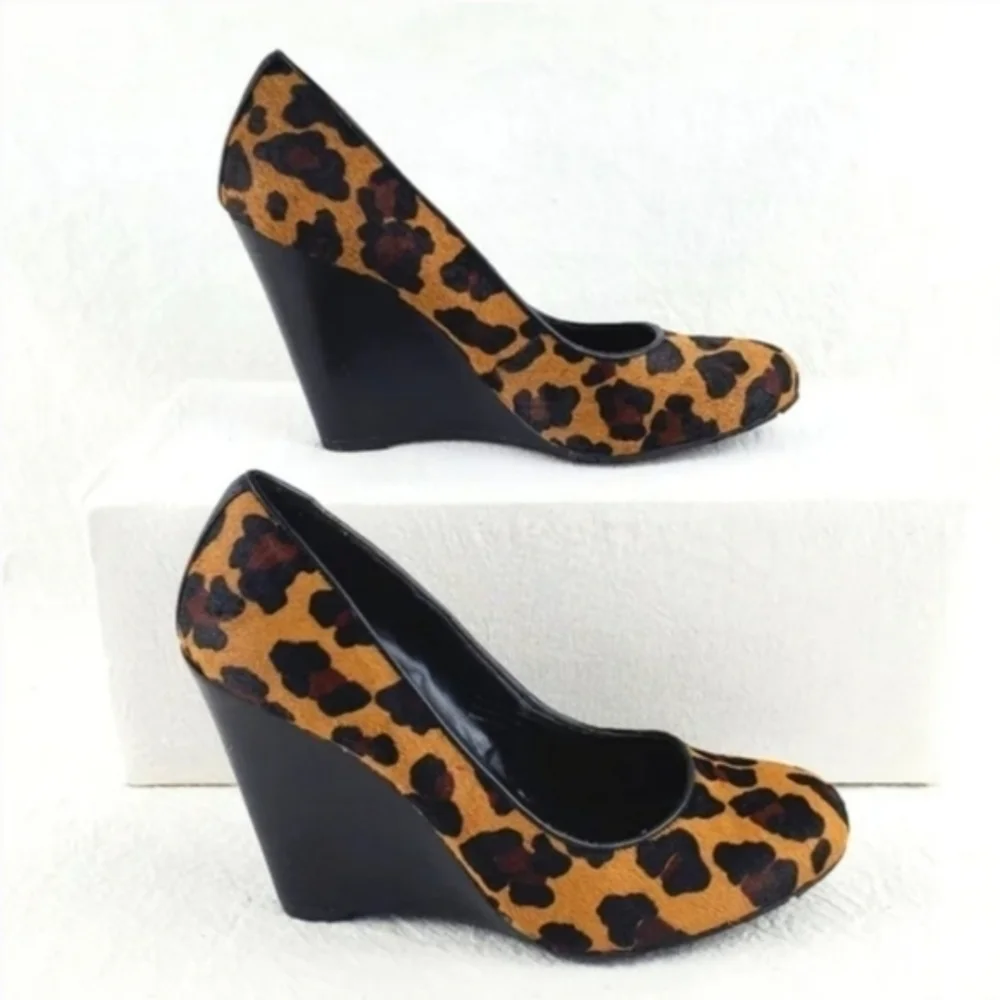 BCBGeneration leapard print real cow fur wedge shoes 6.5